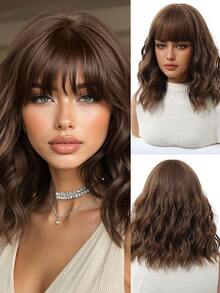 Peluca corta ondulada con flequillo, adecuada para cabello rizado de 12 pulgadas, peluca sintética resistente al calor natural para uso diario y de fiesta de mujeres - Marrón - Ver 6