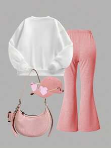 Young Girl Slogan Bow Print Crew Neck Sweatshirt And Flare Pants Casual Outfit - White - View 3