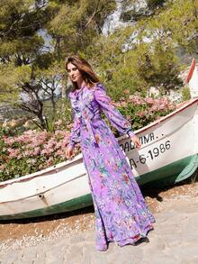 Faeriesty Floral Print Elegant Chiffon Maxi Dress, High Neck Design, Long Sleeve With Delicate Ruffle Shoulder, Waist Tie, Multi-Layer Ruffle Hem | Romantic Fluffy Garden And Wedding Guest Dress - Purple - View 8