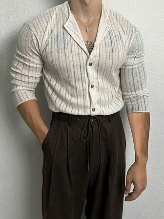 Men's Casual Ribbed Solid Color Long Sleeve T-Shirt, For Fall