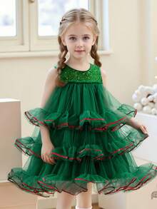Vestito da bambina senza maniche con paillettes e tulle, abito elegante da damigella d'onore per bambini per occasioni festive e spettacoli serali