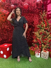 Elegant Women's Wrap Dress - 黑色波點大號 - 查看 5