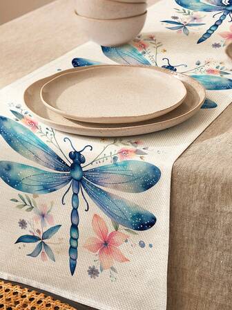 1pc Dragonfly Pattern Table Runner, 4pcs Dragonfly Pattern Placemats, Suitable For Holidays, Parties, Birthdays, Dinners, Kitchen & Dining Room Table Decor, All Season Home & Living Room Decor