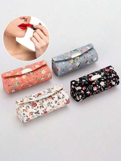 1pc Women'S Flower Lipstick Box With Mirror Lipstick Holder, Cosmetic Storage Kit Makeup Travel Cases Organizer Bag For Purse ,Vintage Style Floral Pattern Lipstick Case For Makeup Organization - Perfect Gift For Women - Suitable For Everyday Use - Mother'S Day Gifts, Elegant Foldable Design,Makeup Bag,Travel Essential