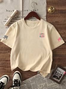 1 件幼儿女童休闲印花圆领短袖 T 恤，夏季童装 - 可爱的 T 恤为每个孩子带来欢乐和幸福！ - 杏色 - 查看 3