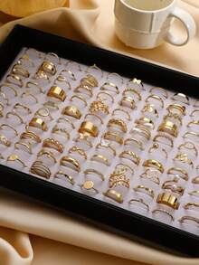 48/24pcs Women's Vintage Fashion Elegant Gold-Tone Ring Set, Includes Leaf, Heart, Snake, Butterfly, Square Rings, Suitable For Daily Wear, Parties, Weddings, Stackable Rings, Great Gift For Women - Yellow Gold - View 2