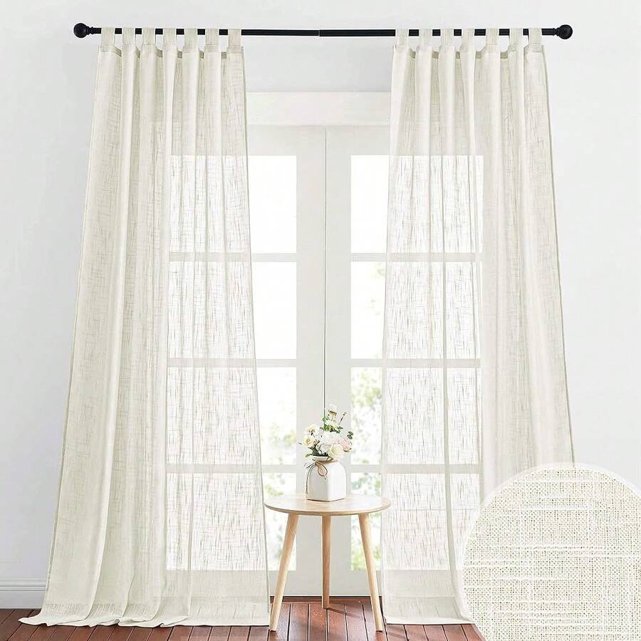 RYB HOME Sheer Curtains For Living Room - Linen Textured Wave Semi Translucent Privacy Light Filtering Drapes For Office Bedroom Patio Door, 52 Inch Wide X 96 Inches Long, 1 Pair, Cream,52inchWx95inchL(Packof2),Natural - Natural - 查看 1
