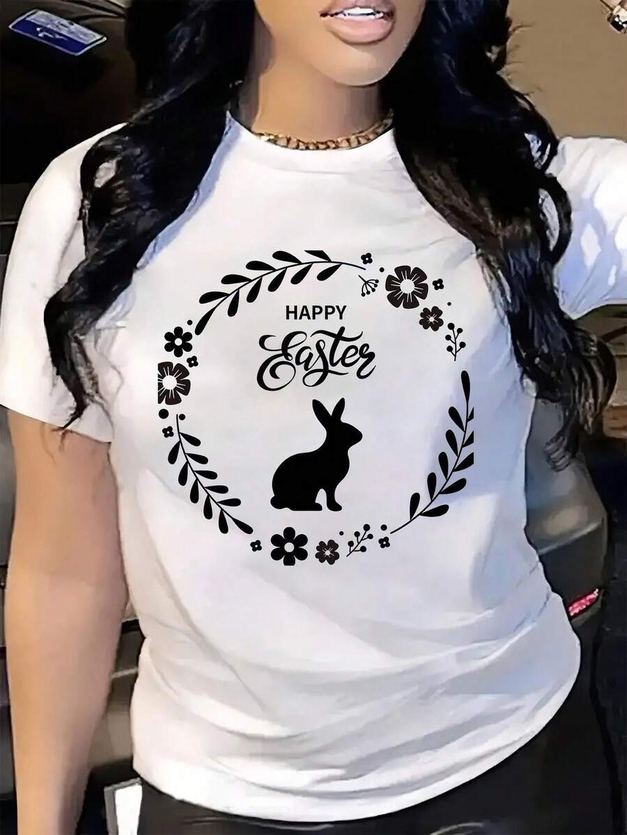 1 camiseta con estampado digital divertido Conejo, Pascua, Flores, Hojas 180g, serie clásica, camiseta de manga corta para mujer, 100% algodón, cuello redondo retro casual - Blanco - Ver 1