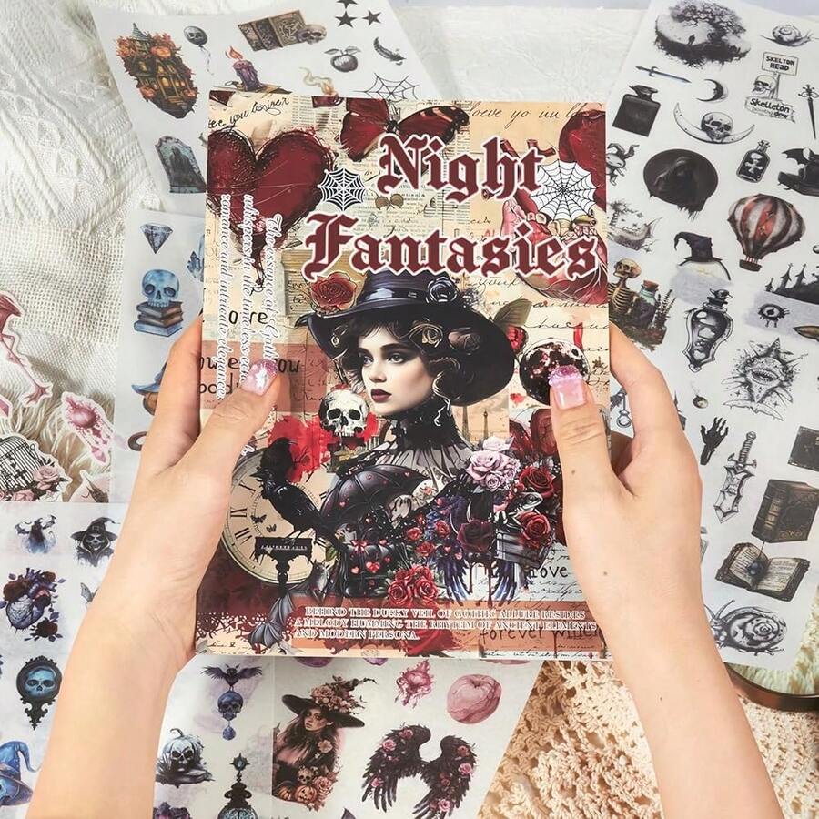 410pcs Gothic Washi Journal Stickers For Journaling, 24 Sheets Precut Large Halloween Sticker Book For Junk Journal Supplies, ScrapbooFKing, Collage, Scrap Book, DIY Crafts Art,GothicDarkNight - GothicDarkNight - Xem 1