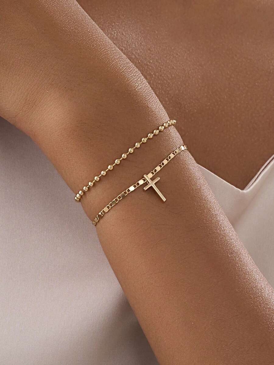 Bộ 2 vòng tay chuỗi hạt đồng hình thánh giá, phụ kiện vòng tay thánh giá phong cách cổ điển dành cho nam - Vàng - Xem 1