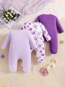 3pcs Newborn Baby Girls' Casual Floral Print & Solid Color Button Long Sleeve Romper, Suitable For Toddlers Daily Wear - Purple - View 2