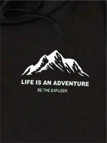 Men's 1-Piece Mountain Jacket With Slogan Print And Drawstring - 黑色 - 查看 7