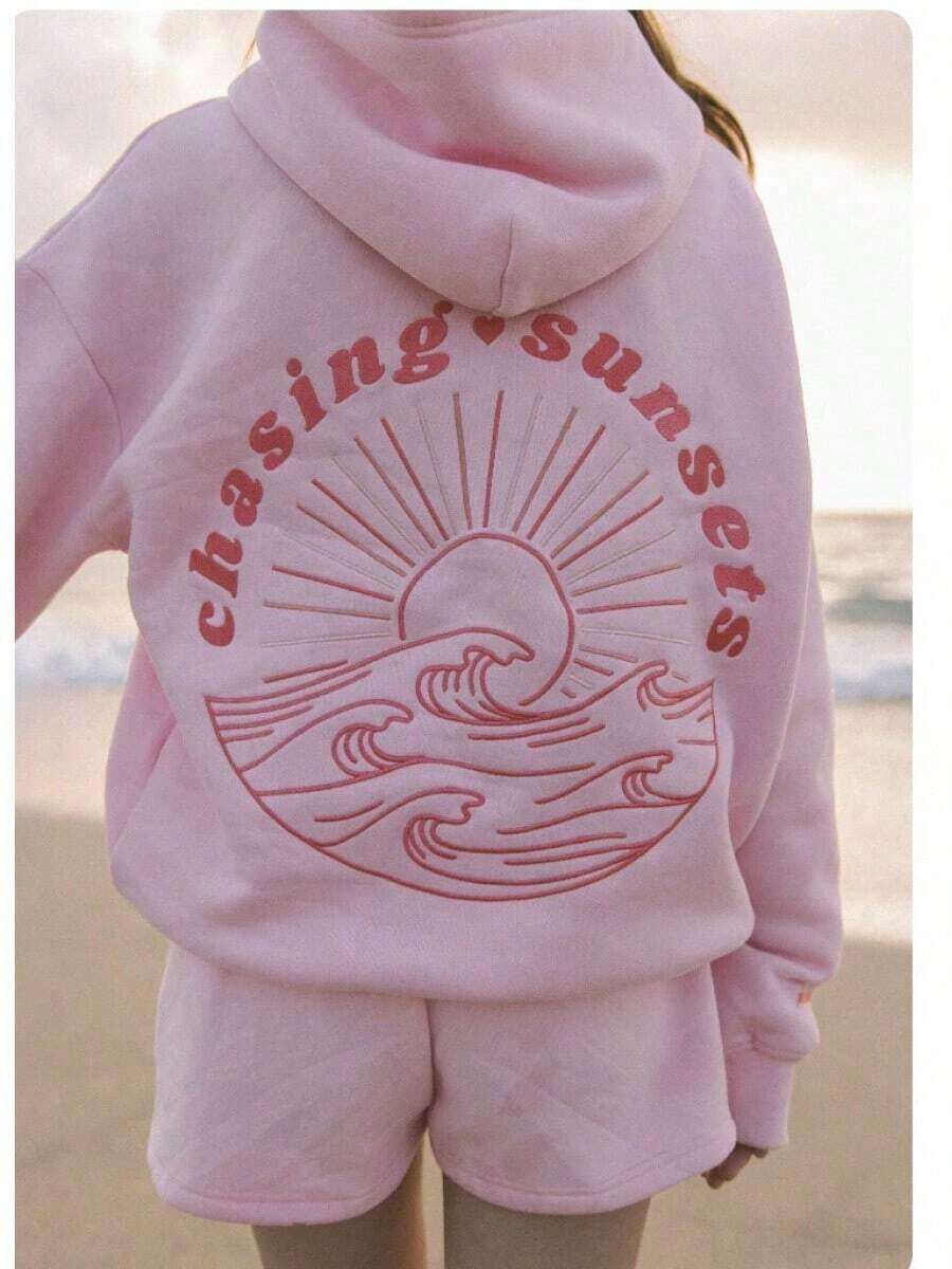2025Hawaii Hibiscus Letter Print Embroidered Loose Sweatshirt Women's Drop Shoulder Sleeve Ribbed Hoodie Printlong Sleeve Tops,Tops,Hoodies - 粉紅日落 - 查看 1