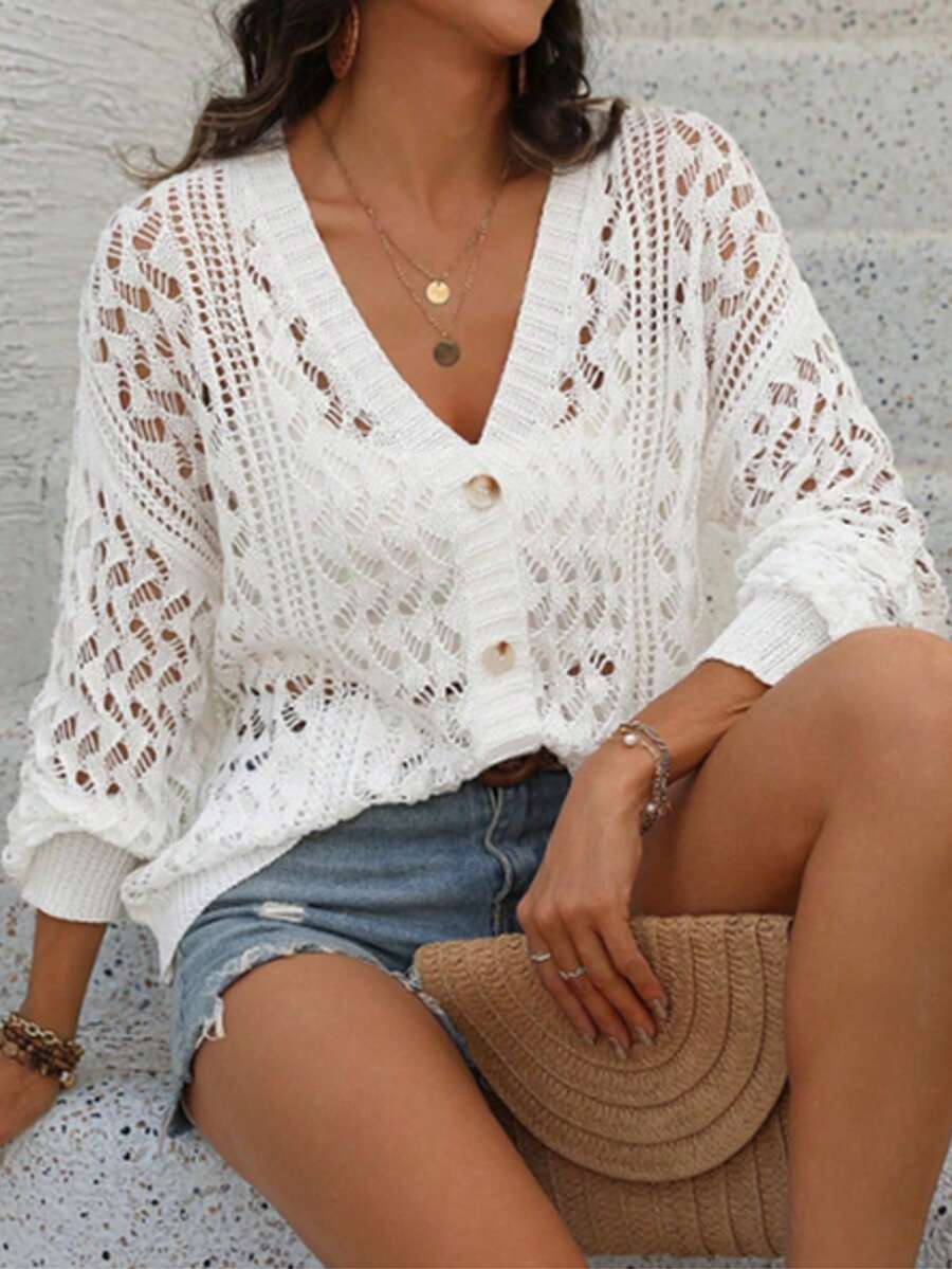 Women's Lightweight White V-Neck Cardigan, Fashionable Button Front Hollow Knit Sweater, Suitable For Spring/Summer, Casual, Beach - White - View 1