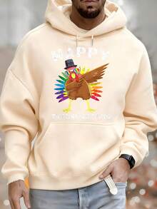 Men's Happy Thanksgiving Hoodie With Rainbow Feather Turkey And Hat Print. Casual Autumn And Winter Clothing For Leisure And Sports. Fashionable Gift. Best Choice For Holiday Gifts. - 杏色 - 查看 1