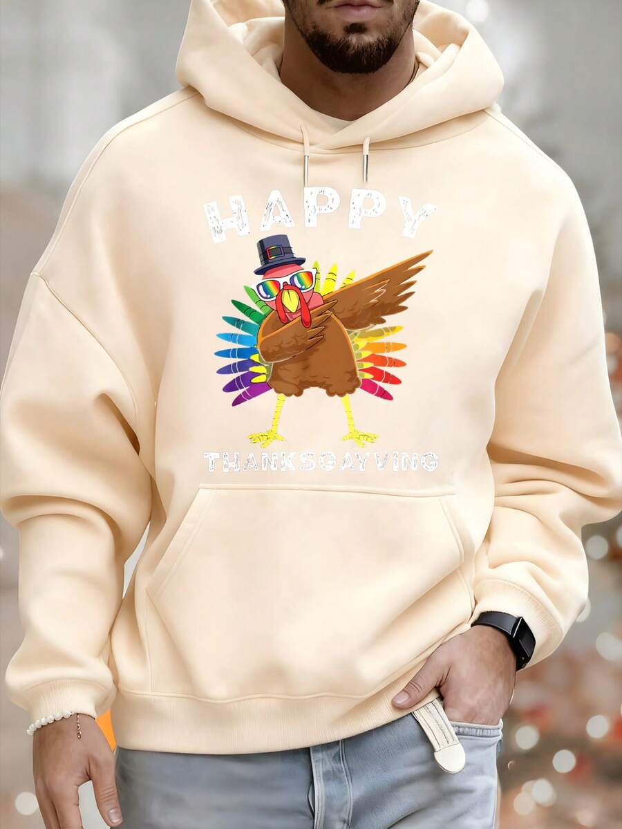 Men's Happy Thanksgiving Hoodie With Rainbow Feather Turkey And Hat Print. Casual Autumn And Winter Clothing For Leisure And Sports. Fashionable Gift. Best Choice For Holiday Gifts. - 杏色 - 查看 1