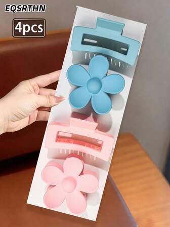 4 st. blommiga ihåliga fyrkantiga hårspännen, robust halkfri design, blå och rosa makaronsfärger, koreanska håraccessoarer i inredningsstil för flickor, stor hårklo, lätt att använda, mångsidig för knutfrisyrer, daglig, dejt, pendling, blommande hårklämma