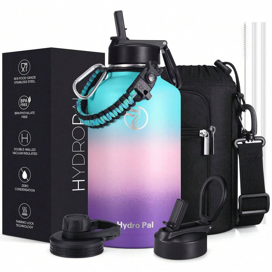64oz Insulated Water Bottles With 2 Leak Proof Lids(Spout Lid And Straw Lid), Wide Mouth Sport Bottle With Straw, Stainless Steel Powder-Coated Water Flask, Double Walled Vacuum - Green, Pink and Purple - View 1