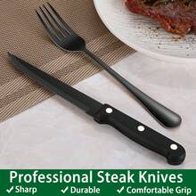 24/48 Pieces Black Stainless Steel Silverware Sets With Steak Knives Service For 8,Includes Knife Spoon And Fork Eating Utensils Set For Kitchen,Flatware Sets For Hotel And Restaurant - 彩色 - 查看 6