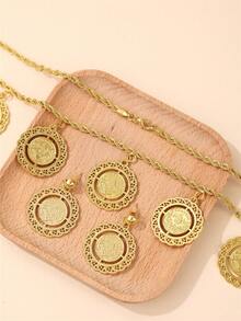 1pc 9pcs Coin Shaped Necklace, Vintage Palace Style Fashion Pendant Necklace, Suitable For Wedding, Party, Evening Wear - Gold - View 3