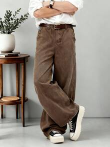 1pc Retro American Style Men's Loose Fit Wide Leg Brown Jeans, Cartoon Elephant Embroidery, Unisex (Belt And Accessories Not Included)