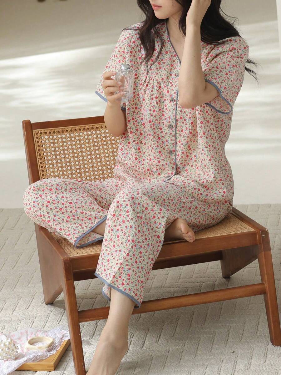 2pcs Women Pajama Set, Floral Print Short Sleeve Top And Long Pants, Vintage Palace Style Minimalist Fashion, Suitable For Spring, Summer And Autumn - Multicolor - View 1