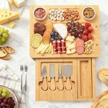 Bamboo Cheese Board Set - Charcuterie Boards And Serving Meat Platter Cheese Tray With 4 Stainless Steel Cheese Knives 1 Drawer Storage Elegant Cutting Board Platter For Perfect Appetizer Display Ideal For Halloween Parties Weddings And Special Occasions - NaturalBamboo - View 4