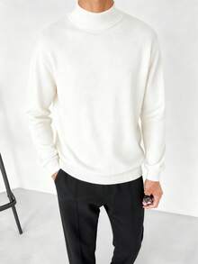 GRDR 男士纯色高领套头毛衣，休闲日常穿着，秋冬季 - 白色 - 查看 3