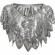 Shawl Wraps Sequin Beaded Evening Cape Bridal Shawl - Black Silver - View 9