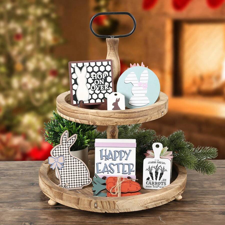 Easter Tiered Tray Decorations Set Of 16 Carrot Bunny Spring Tray Decor Wooden Sign For Desktop Home Holiday - 白色 - 查看 1
