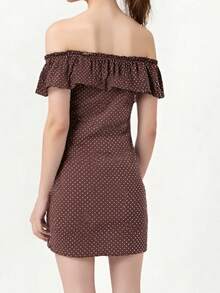 Women's Off Shoulder Dress Ruffle Sleeveless Dots Print Slim Fit Mini Dress For Party Club Dating - Dark Brown - View 3