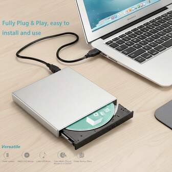 适用于笔记本电脑的USB外置CD/DVD光驱，即插即用超薄光驱，防震静音运行，DVD/CD读取器，兼容Windows操作系统，无需电池，不具备刻录功能，也无法读取空白DVD光盘。