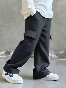 1pc Young BoyAll-Match Solid Color Comfortable Simple Versatile Cargo Pants - Grey - View 4