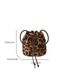 1pc Women's Colorblock Leopard Faux Fur Drawstring Bucket Bag, Fashion Bow Decor, Suitable For Commuting, Shopping, And Gift - Multicolor - View 3
