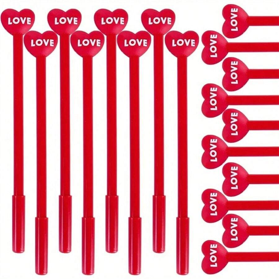 1/5/10pcs, Cartoon Valentine's Day Gel Pen Creative Love Heart Happy New Year's Day Three-Dimensional Shape Pvc Soft Glue Student Stationery Water Pen Black 0.5mm Needle Tube Pen, Suitable For Home Office Couple, Back To School, School Supplies - Red - View 1
