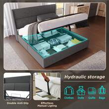(=491011AAG) Upholstered Double Bed 140x200cm With Adjustable Headrests, Hydraulic Bed Frame With Storage, Linen Bed With Metal Slatted Base, Grey (Mattress Not Included) - Gray + Linen - View 10