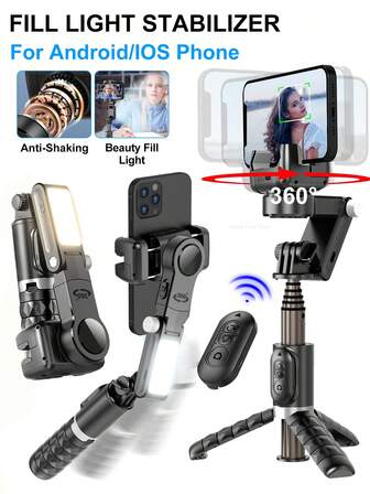 Gimbal Stabilizer Phone Handheld With Beauty Fill Light Compatible With IPhone IOS Android Mobile Anti-Shaking Selfie Stick Tripod Smartphone Desktop Gimbal For Vlog And Live Broadcast Live Photography Face Tracking Folding Handheld Stable Tripod 360 Rotation Following Shooting Spin Timelapse DynamicZoom Panorama CloneMe Pano Story Mode,10m Blue-Tooth Connected,1pc Black
