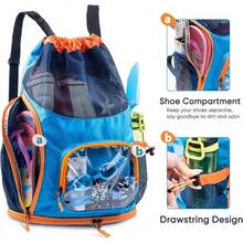 Mochila con cordn a prueba de, mochila de malla con compartimento para zapatos, bolsa de natacin para playa, piscina, bolsa de piscina con bolsillos para artculos de cambiador, bolsa hmeda - Azul-Naranja - Ver 5