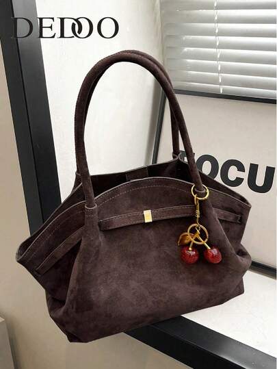 Dedoo 1pc FEISTURE Faux Suede Tote Bag (With Accessories), Large Capacity Solid Color Mature Elegant Ladies Handbag, Retro Style Commuter Bag