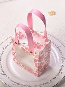 10pcs Floral Wedding Favor Boxes With Handles, Pink Sakura Design, Wedding And Valentine's Day Gift Empty Packaging Boxes - Multicolor - View 6
