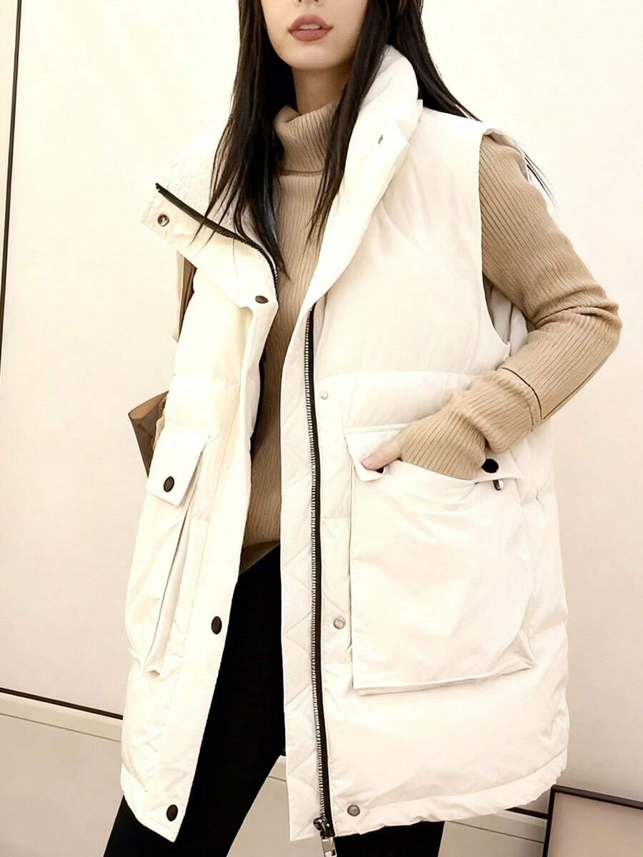 Chaqueta de algodón plumón chaleco medio largo bolsillo grande Chaleco tipo cárdigan para mujer con cierre de cremallera Chaqueta de algodón con relleno de plumón para otoño/invierno Prendas de abrigo holgadas Chalecos Chalecos de algodón con relleno de plumón para otoño/invierno para mujer Chaleco negro con bolsillos grandes Cuello alto Cierre de cremallera y botones Chaleco cálido y holgado - Blanco - Ver 1