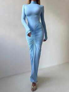 Solid Color Elegant Ruched Mock Neck Long Sleeve Bodycon Dress - Blue - View 2