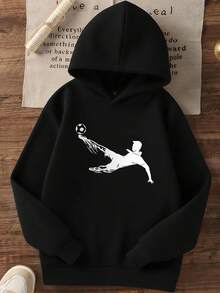 1pc Tween Boys' Casual Printed Pullover Sweatshirt, Thermal Lined, Long Sleeve, Autumn/Winter - Black - View 2