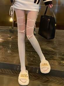 2/1 Pairs, Japanese Jk Style, Women's Black Fake Thigh Pantyhose, White Tie Bow, Fake High Socks, Patchwork Socks, Women's Mid Socks, Women's Long Socks, Women's Pantyhose, Suitable For Pairing With Knee High Boots/Flat Shoes/Clothes/Skirts, Suitable For Home Parties And Outdoor Dates - Black - View 3