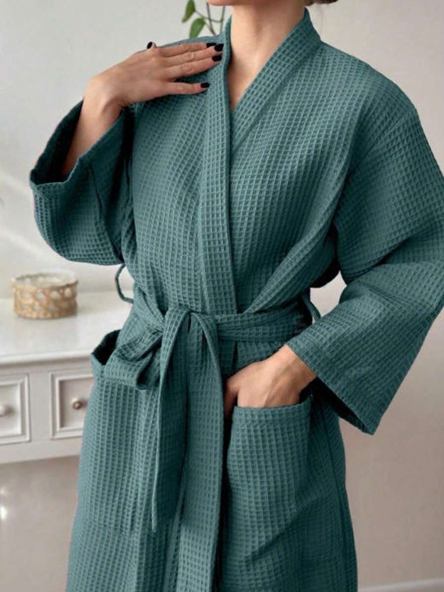 女士加厚华夫格浴袍,柔软吸水毛巾浴袍,羊羔绒/蓬松仿羊毛面料,女士浴袍,干爽裹身,冬季圣诞礼物,不掉毛睡衣家居服浴室装饰 - 綠色 - 查看 1