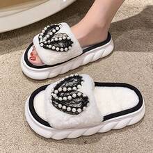 Women's Comfortable Heart-Shaped Plush Faux Fur Slippers - Winter Warm Open-Toe Home Shoes, Pink Beige Heart And Cream White, Soft Cushioned PVC Sole, Hand Washable Sweet Indoor/Outdoor Soft Sole Shoes (Not Suitable For Dryer) - 白色 - 查看 9