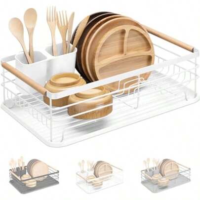 Stainless Steel Dish Drying Rack Over Sink For Kitchen 42.5*31.5*14cm Dish Drainer W Wooden Handle And Removable Thickened Cutlery Tray White