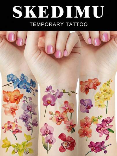 12pcs Watercolor Orchid Temporary Tattoos, Floral Party Decorations & Supplies, Waterproof Long-Lasting Fake Tattoo Stickers, Body Art, Size: 10x6cm
