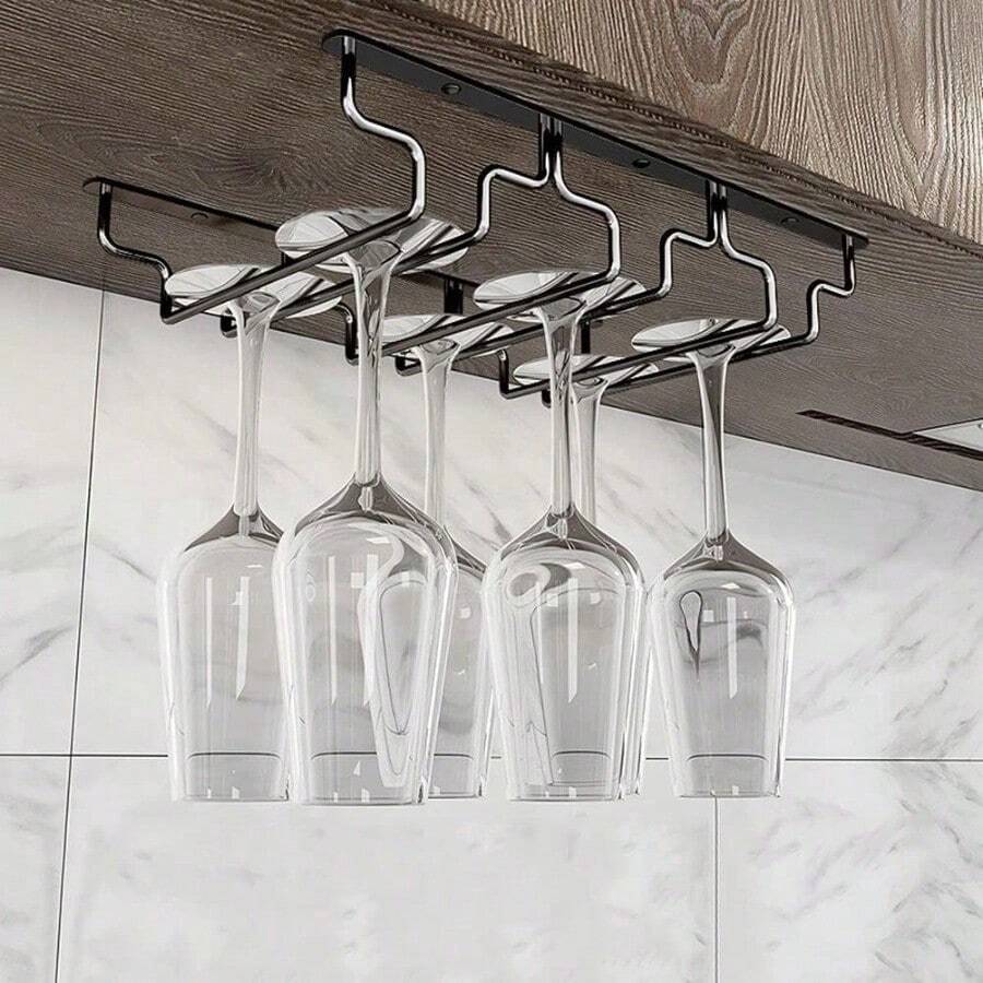 YSoporte para Copas de Vino Soporte para Copas de Vino Colgante Acero Inoxidable Cromado Debajo del Gabinete Soporte para Vasos de Vino para Barra de Cocina Casera Negro - 34,5 x 28 cm/13,6 x 11 pulgadas - Ver 1