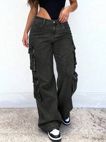Women's Y2K Streetwear Multi-Pocket Straight Leg Cargo Jeans With Flap Pockets - Black - View 1